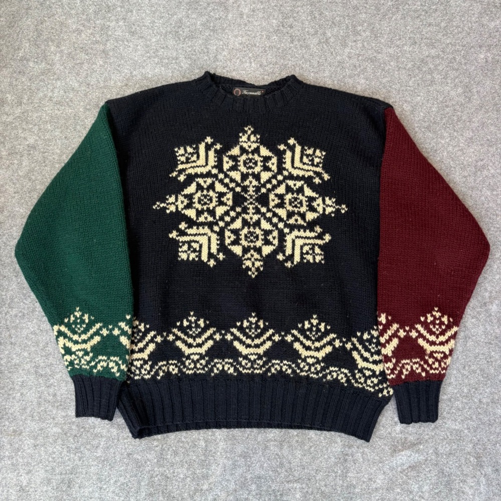 Faconnable Mens XL Wool Sweater Colorblock‎ Snowflake Intarsia Knit Navy Green